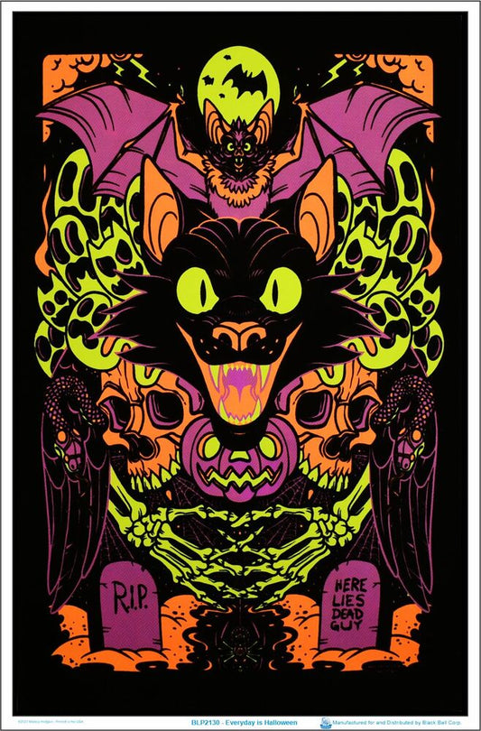 Black Cat Halloween - Flocked Blacklight Poster